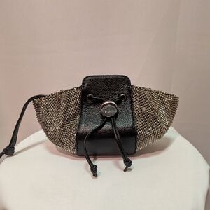Small Black Leather and Silver Mesh Drawstring Wristlet